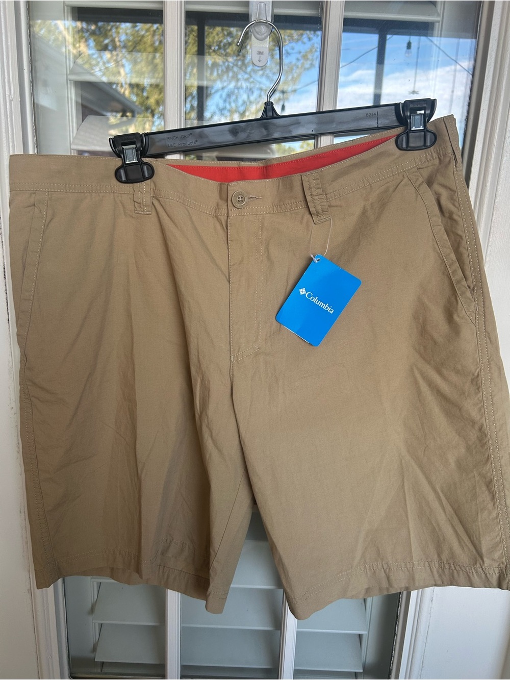 Columbia Men's Khaki Flat Front Shorts with Red Waistband Accent